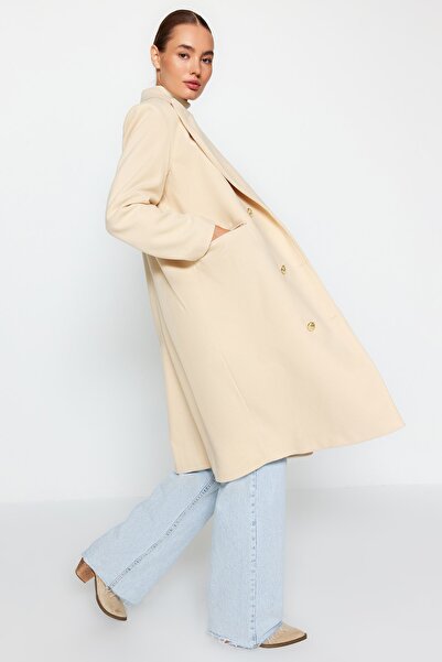 Trendyol Collection Ecru Oversize Wide Cut Gold Button Detailed Long Stamp Coat TWOAW24KB00154