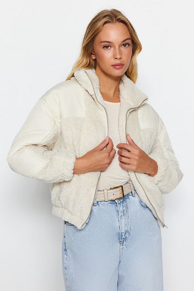 Trendyol Collection Ecru Color Block Plyšová bunda TWOAW24MO00219