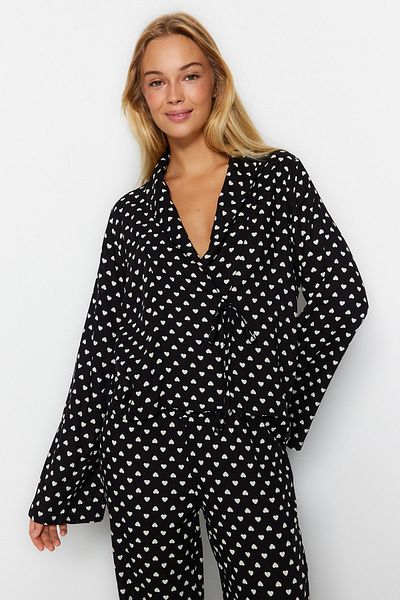 Trendyol Collection Black Heart Tie Detail Viscose Woven Pajamas Set Thmaw22Pt0300
