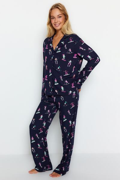 Trendyol Collection Navy viszkóz símintás ing-nadrág szőtt pizsama szett THMAW24PT00089