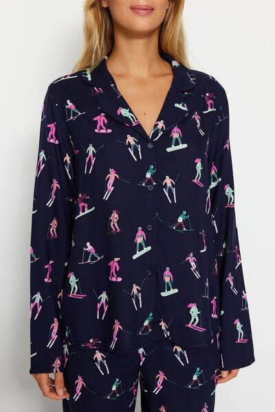 Trendyol Collection Navy viszkóz símintás ing-nadrág szőtt pizsama szett THMAW24PT00089