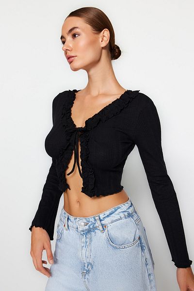 Trendyol Collection Czarna, marszczona, szczegółowa, wiązana z przodu, prążkowana, elastyczna bluzka z dzianiny o krótkim kroju TWOAW24BZ00109