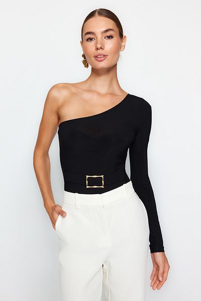 Trendyol Collection Czarny pasek Dopasowany/rozciągliwy, dzianinowy korpus na jedno ramię z zatrzaskami TWOAW24BD00040