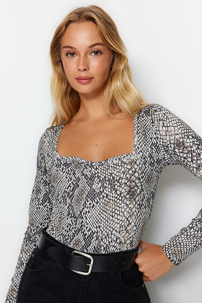 Trendyol Collection Többszínű nyomtatott szívgallér rápattintható kötött test TWOAW24BD00052