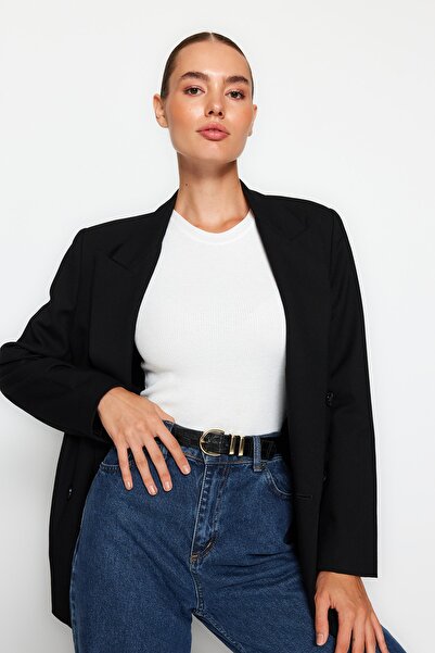 Trendyol Collection Black-Tan 2-Pack Croco and Plain Leather Look Women's Belt with Buckle TWOAW24KE00001