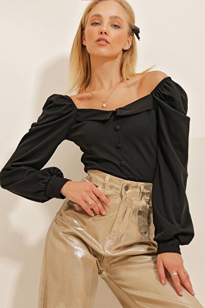 Trend Alaçatı Stili Dámská černá princezna s rukávem na předním knoflíku detailní krepová halenka ALC-X10867