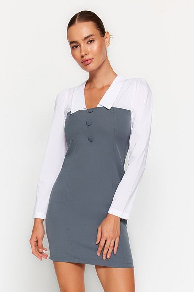 Trendyol Collection Gray Fitted Shirt Detailed Woven Dress TWOAW23EL00611