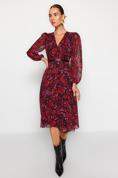 Trendyol Collection Rochie midi din șifon, cu model, țesută de șifon, cu linie A, cu guler midi TWOAW24EL00660