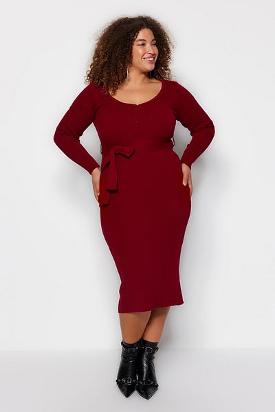 Trendyol Curve Burgundy Tie Waist Detailed Buttoned Knitwear Dress TBBAW24AH00003