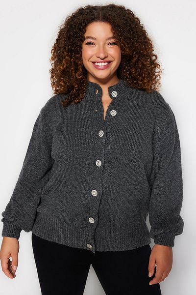 Trendyol Curve Strickcardigan - Anthrazit mit Schmucksteinen, geknöpft, TBBAW24AV00019