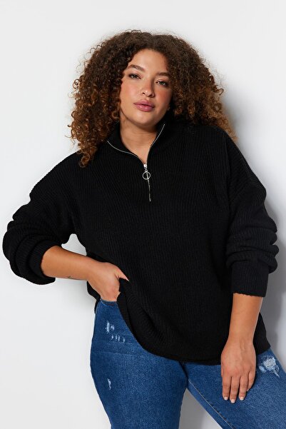 Trendyol Curve Black Zipper Closure Knitwear Sweater TBBAW24AN00054