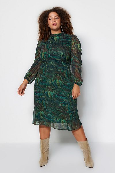 Trendyol Curve Langärmliges grünes Chiffon-Midikleid mit Schalkragen - TBBAW24AH00028