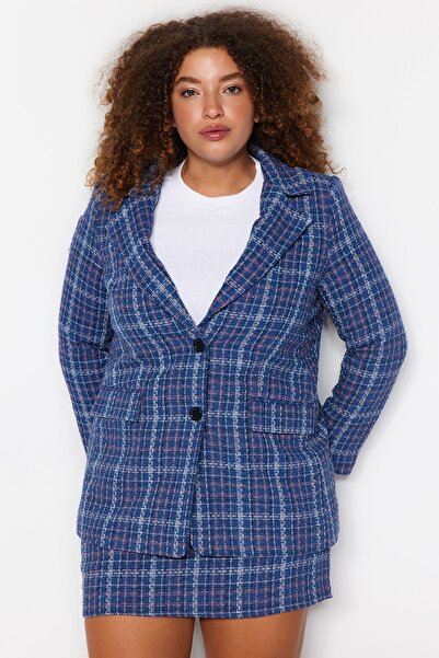 Trendyol Curve Полотняна куртка в клітинку кольору індиго на ґудзиках з підкладкою TBBAW24AG00002