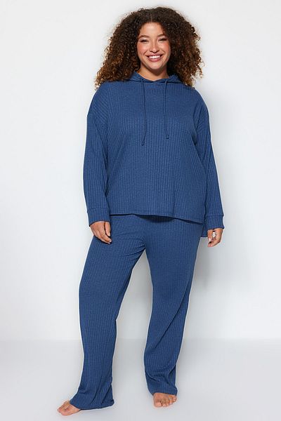 Trendyol Curve Indigo Plus Size Relaxed Fit με κουκούλα πλεκτό σετ καμιζόλας - TBBAW23CP00016