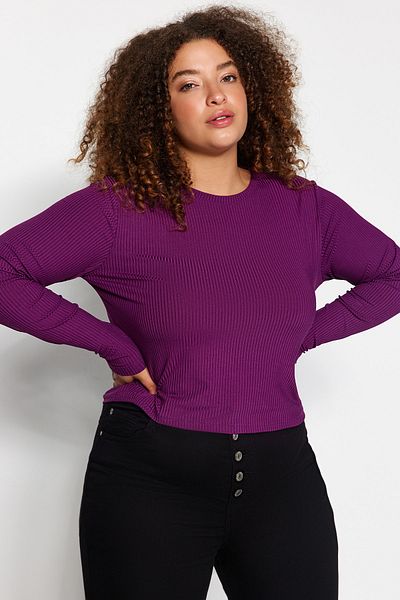 Trendyol Curve Plum Bodycone/Body Sitting Ribbed Knitted Plus Size Blouse Tbbaw23Af00016
