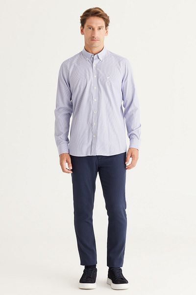 AC&Co / Altınyıldız Classics Cămașă cu dungi din bumbac, pentru bărbați, albastru-alb, slim fit, cu guler cu nasturi