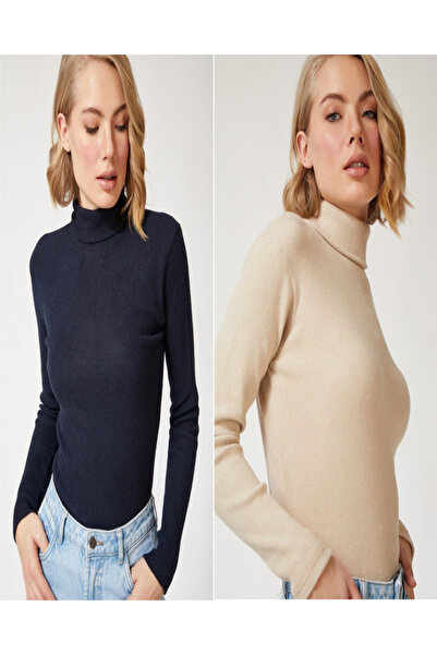 Koçibar Unisex, pachet de 2 gata, negru, bej, bumbac, cu gât țesut, pulover cu gât înalt, slimfit