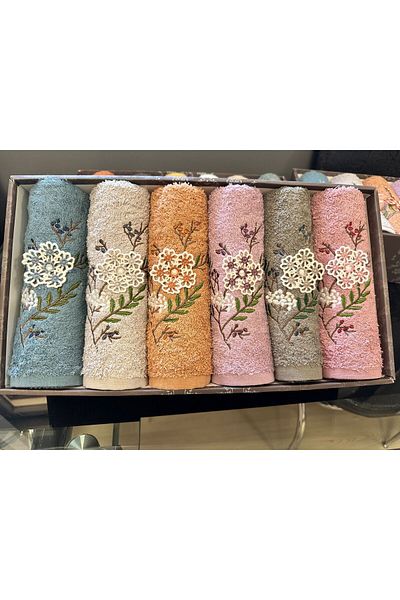 AYHANHOME 3D Flower Embroidery Patterned Boxed Luxury Dowry Set 50x90 Set of 6 Hand and Face Towels