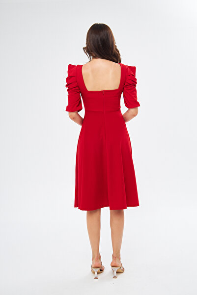 bayansepeti Flexible Crepe Fabric Short Sleeve Square Neck Midi Length Flared Cut Red Dress 080
