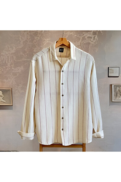 Hazhers Ανδρικό λινό πουκάμισο Oversize - Κρεμ, Μακρύ μανίκι, Γιακάς Πουκάμισου