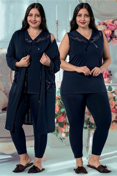 JENİKA Women's Large Size 3-Piece Pajamas Set with Dressing Gowns
