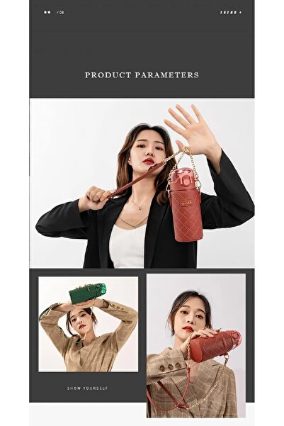 DILLER 450ml Pipetli Deri Kılıflı Taşıma Askılı Deri Kılıflı Çelik Matara 6 Saat Sıcak/soğuk