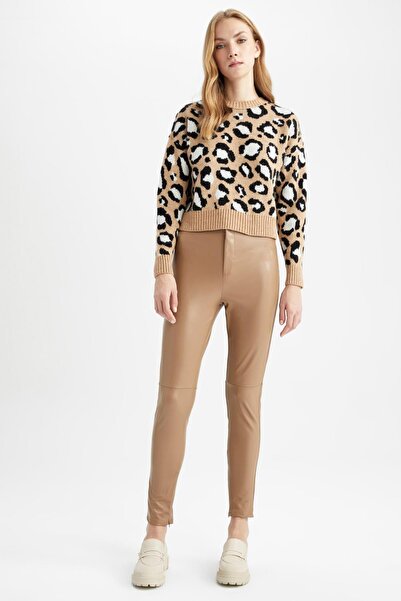 DeFacto Yüksek Bel Suni Deri Paçası Fermuarlı Skinny Fit Pantolon
