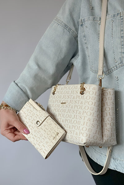 Just Polo حقيبة كتف نسائية باللون الأصفر الذهبي مع سلسلة - 4 أقسام