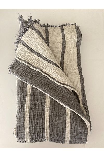 YASEMİNİNEVİ Anthracite Striped Single Muslin Bedspread / Pique Set (1 Pillow Case)
