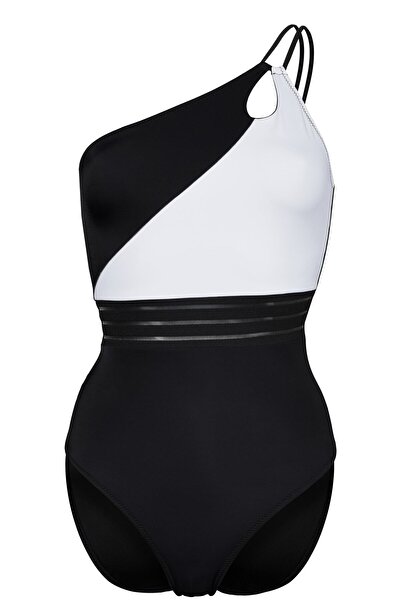 Transacoustic Siyah Beyaz Kemer Detaylı Tek Omuzlu Mayo