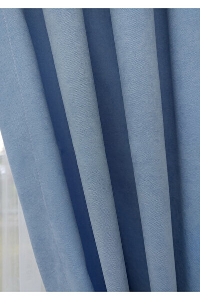 Evdepo Home Light Blue Single Wing Pleated Background Curtain - 1/2 Sparse Pleat