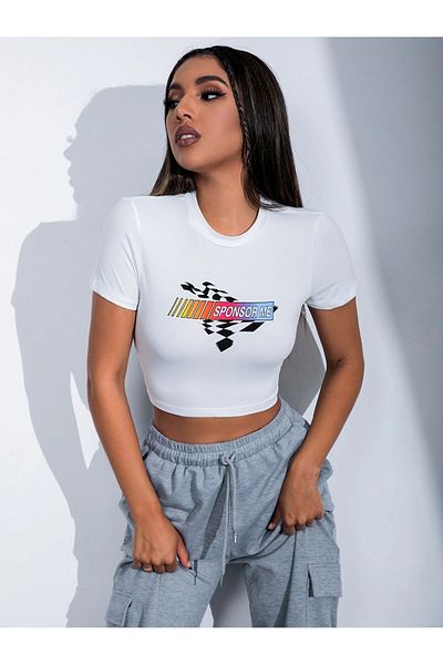 Jose Clothing Λευκό εμπριμέ κοντομάνικο Crop Top - Βρεφική μπλούζα που εφαρμόζει στο σώμα