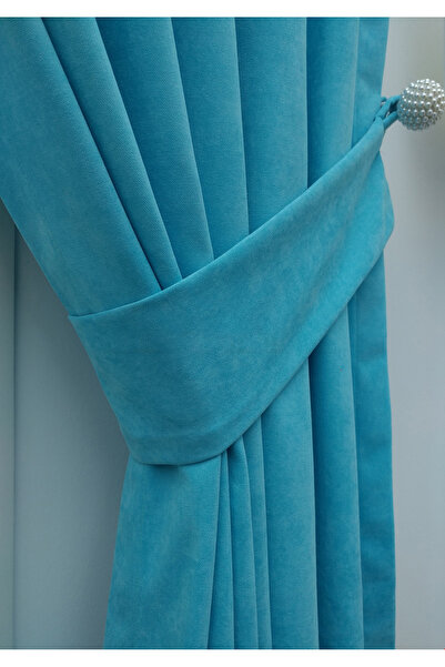 Evdepo Home 1/3 Close Pleated Turquoise Background Curtain - Single Wing