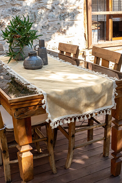 vivamaison Pamuk Düz Dört Kenarı Püsküllü Runner, Masa Örtüsü 45x150 cm Sarı