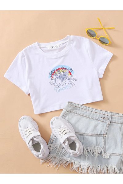 Jose Clothing Λευκό εμπριμέ κοντομάνικο Crop Top - Βρεφική μπλούζα που εφαρμόζει στο σώμα