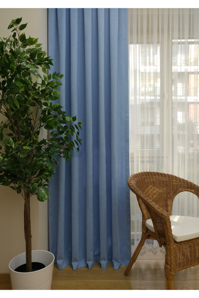 Evdepo Home Light Blue Single Wing Pleated Background Curtain - 1/3 Close Pleat