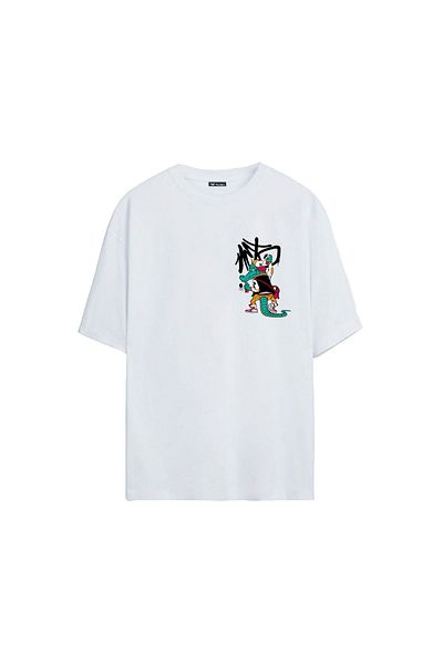 THEWERT Unisex Crocodile Graffiti Printed White Oversize Tshirt
