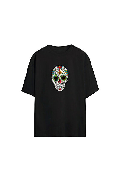 THEWERT Crna Oversize kroj T-shirt - Unisex Cvetni dezen Loba Štampano