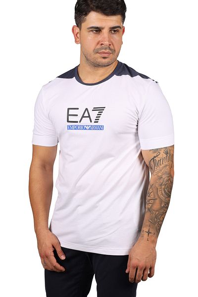 EA7 Ανδρικό λαιμόκοψη κοντομάνικο λογότυπο λευκό μπλουζάκι 3LPT22 PJAMZ-1100