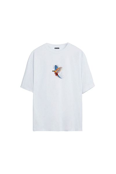 THEWERT Unisex Πολύχρωμο Papagan εμπριμέ λευκό μπλουζάκι Oversize