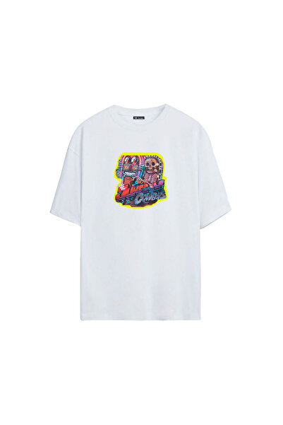 THEWERT Unisex Jukerx krava Štampano bela Oversize kroj majica