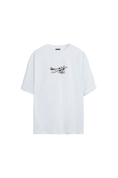 THEWERT Tricou supradimensionat alb unisex cu imprimeu cu avion antic
