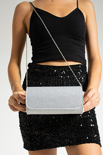 bibags Kadın Simli Silver Mini Portföy Abiye Çanta Omuz Çantası