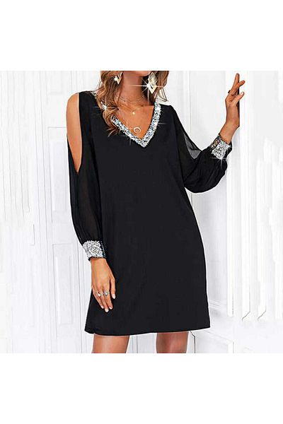 passense Women's Black Long Sleeve Slit Detail Sleeves Tulle V Neck Short Crepe Dress