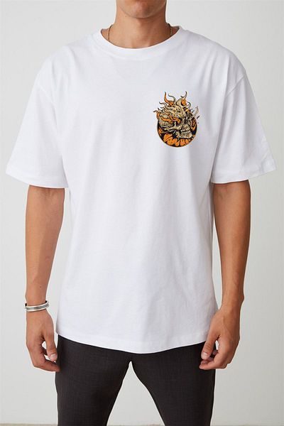 THEWERT Unisex Flaming Skull Printed White Oversize Tshirt