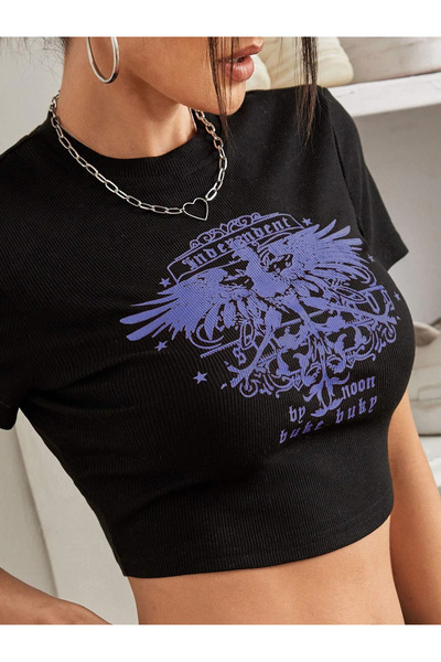 Jose Clothing FEMEI NEGRU IMPRIMAT MÂNECĂ SCURTĂ AșEZAT PE CORP CROP TOP BABY...