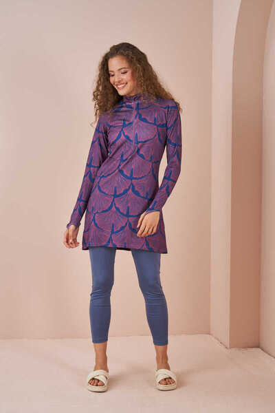 Mevra Navy Blue Leaf Performance Hijab Swimsuit Set