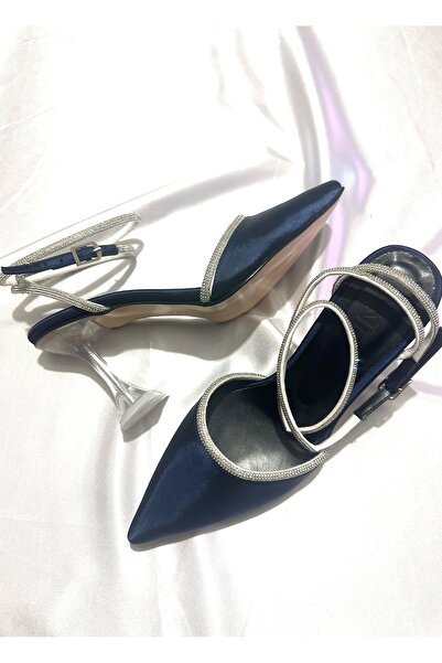 TrendyAnka حذاء نسائي من الساتان باللون الأزرق الداكن بكعب شفاف 8 سم ملفوف با...