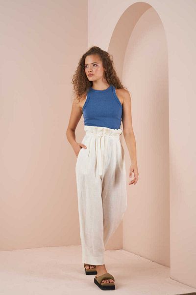 Mevra Paperbag Linen Trousers Ecru