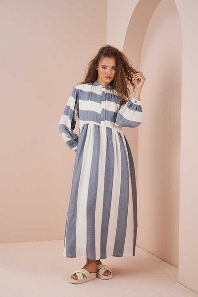 Mevra Gathered Waist Muslin Thick Striped Dress Blue